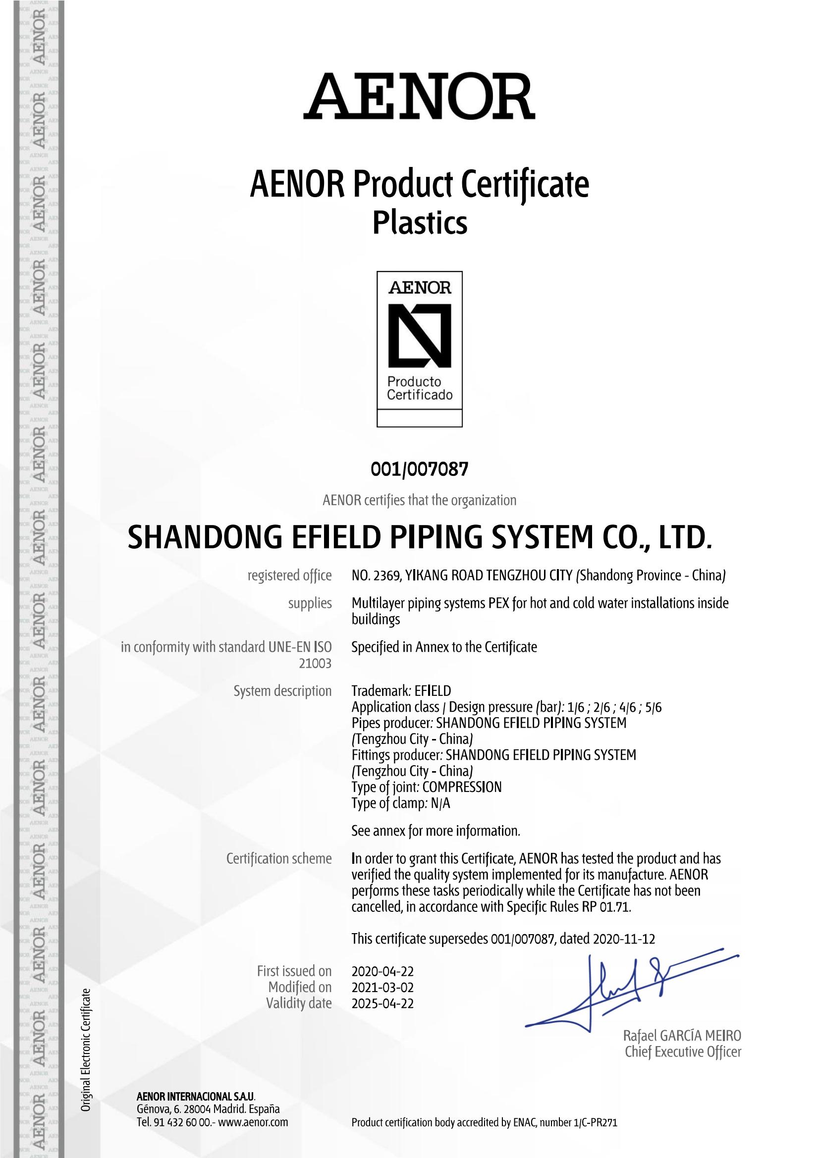 Spain-AENOR-MLP pipe and compression fitting